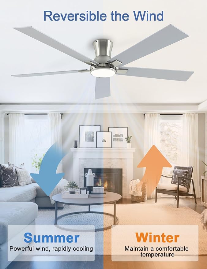 60 Inch Brushed Nickel Flush Mount Ceiling Fans with Lights, 3CCT Dimmable LED, 6-Speed Remote Control, Reversible Motor,Quiet Low Profile Energy-Efficient for Bedroom & Living Room,ETL Listed