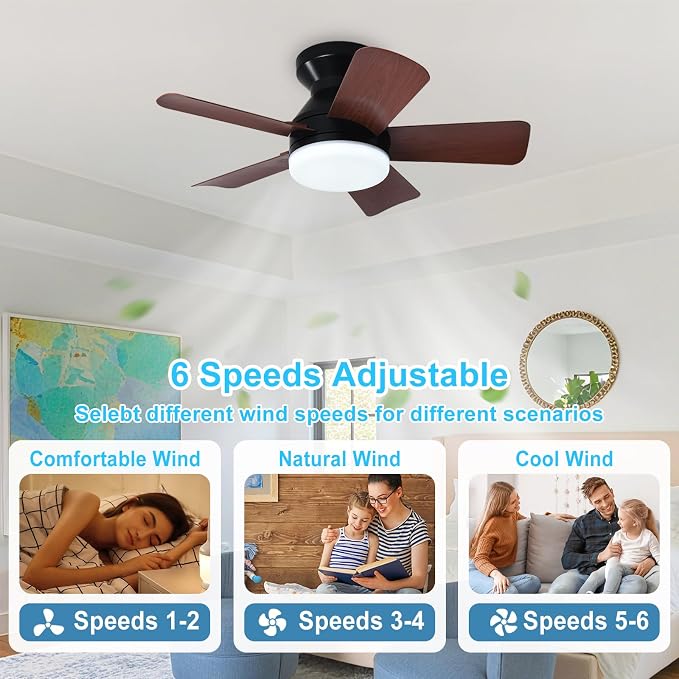 Depuley Modern Ceiling Fan with Light: 25-Inch Black Small Fans for Bedroom Indoor Outdoor - Dimmable Low Profile Ceiling Fans with Remote Control Flush Mount 5 Reversible Walnut Blades 6 Speeds Timer