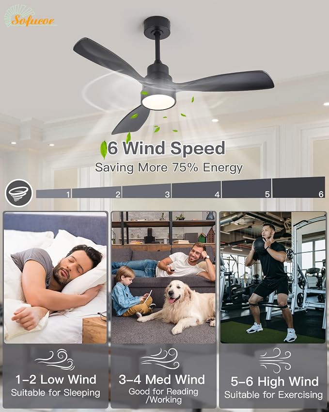Sofucor 48 Inch Smart Ceiling Fans with Lights-Flush Mount & Downrod Mount Modern Outdoor Ceiling Fans with Alexa/Google Assistant/APP/Remote Control for Bedroom/Farmhouse/Patio, Black