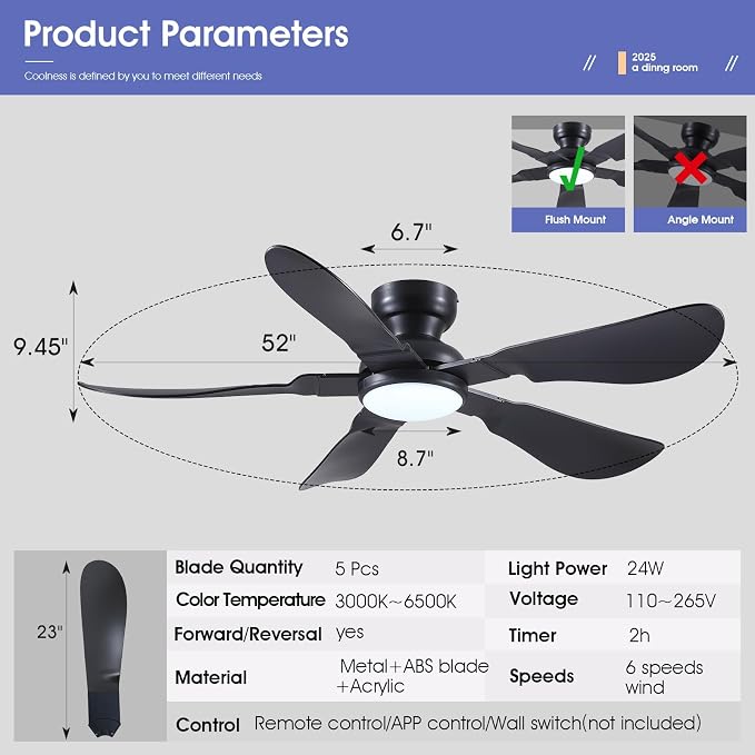 Kviflon 52 Inch Modern Ceiling Fans with Lights, Flush Mount Ceiling Fan with Light and Remote/APP Control, 5 Reversible 6 Speeds Curved Blades, 3 CCT Dimmable Lights for Bedroom, Black