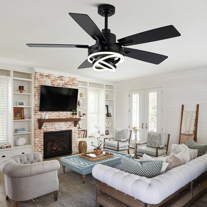52" Black Modern Chandelier Ceiling Fan with Lights | DC motor, reversible, dimmable; recommended for bedroom, living room, and indoor use.