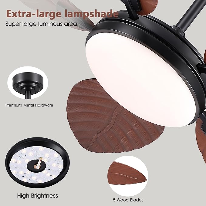 GJeg Tropical Ceiling Fans with Lights and Remote,52Inch Outdoor Palm Leaf Ceiling Fan for Patios Porch Bedroom, Dimmable LED Light, 6 Speeds, Reversible,Brown