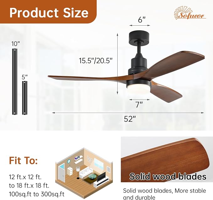 Sofucor 52 Inch Ceiling Fan with Light and Remote - 3 Solid Walnut Wood Blades, Quiet DC Motor, 6 Speeds 5000CFM, Dimmable 3-Color LED with Memory, Timer & Reversible for Indoor Outdoor, ETL