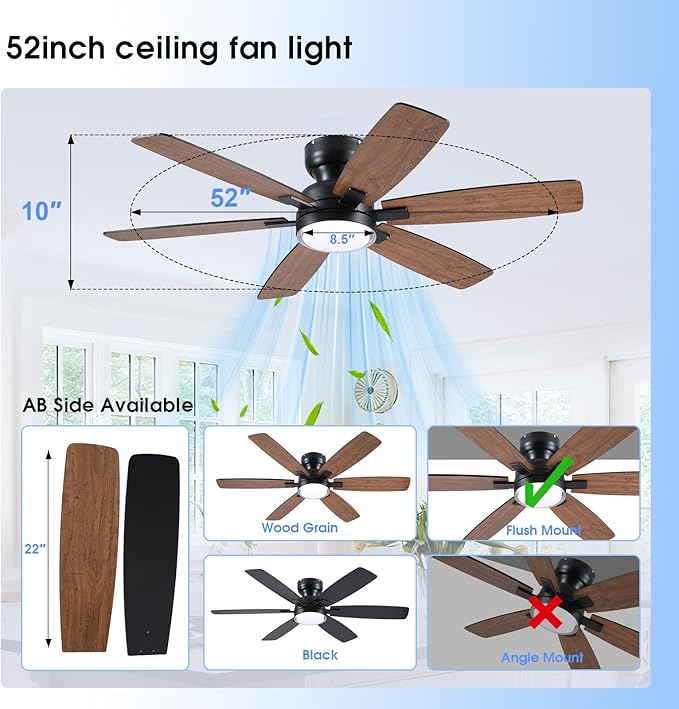 Kviflon 52" Rustic Ceiling Fans with Lights Remote/APP Control, Flush Mount Ceiling Fan with Double Lampshade, 6 Reversible Dual Fan Blades, 3 CCT Dimmable LED Lights for Living Room Farmhouse, Brown