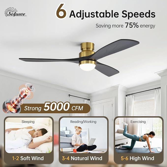 Sofucor 52" Solid Wood Ceiling Fan Lights, Flush Mount & Downrod Mount Ceiling Fan with Lights and Remote, Wood Blades Modern Outdoor Ceiling Fans for Bedroom/Farmhouse/Patio/Indoor