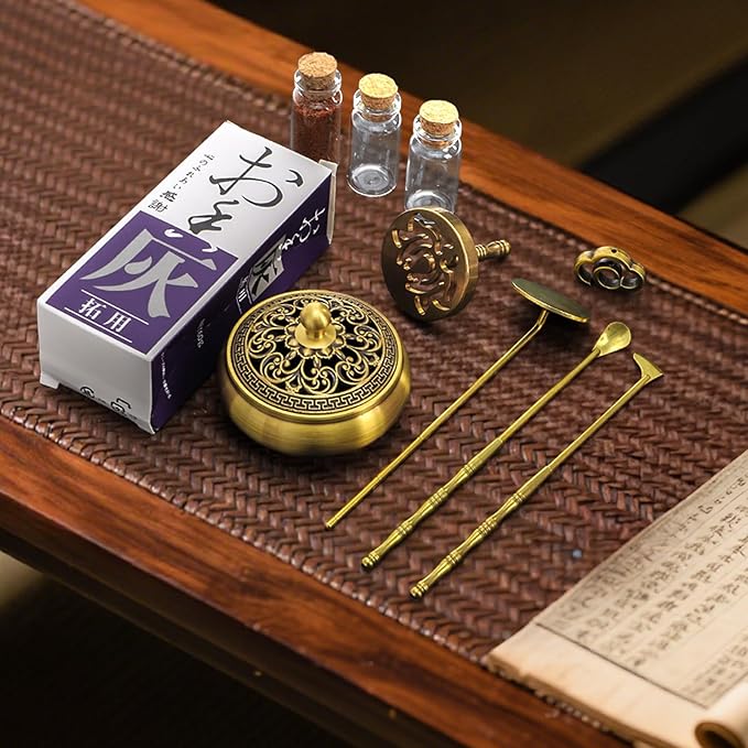 Noamus 12 Pcs Incense Burner Kit, Brass Powder Ash Making Set with Censer, Chinese Incense Art Mold Press Tool, Home Fragrance Holder in Gift Box for Relaxation, Meditation, Yoga, Aromatherapy