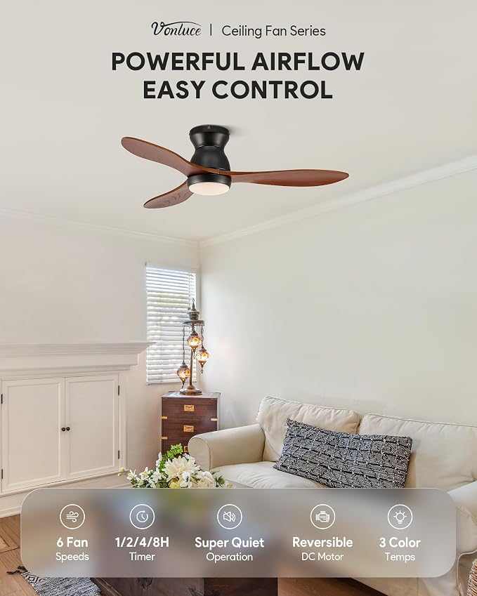 VONLUCE Wood Ceiling Fan with Lights, 42 Inch Flush Mount Ceiling Fan and Remote, 6-Speeds Quiet Reversible DC Motor, 3CCT, Natural Wood 3 Blades Outdoor Ceiling Fan for Patios Farmhouse, Black