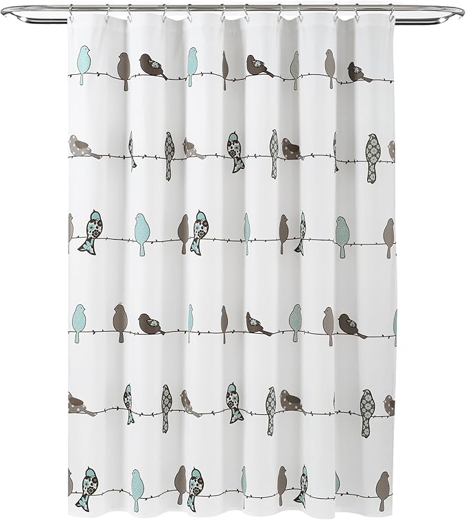 Lush Decor Rowley Birds Shower Curtain, 72” W x 72” L, Blue & Gray - Colorful Floral Bird Pattern - Whimsical & Playful Bird Shower Curtain - Farmhouse, Coastal, & Boho Bathroom Decor