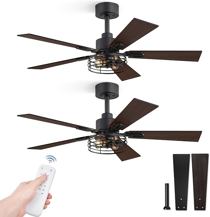 Fanbulous 2 Pack Farmhouse 42 Inch Ceiling Fans with Lights, Black Industrial Caged Ceiling Fans for Bedroom Living Room, Double-Sided 5 Blades Rustic Ceiling Fan