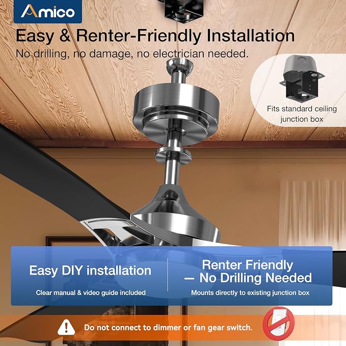 Amico 52 Inch Ceiling Fan with Lights, Modern Nickel 3-Blade Ceiling Fan with Remote Control, Dimmable LED, 3CCT, Quiet Reversible Motor, Indoor/Outdoor for Patio, Living Room, Bedroom, Kitchen