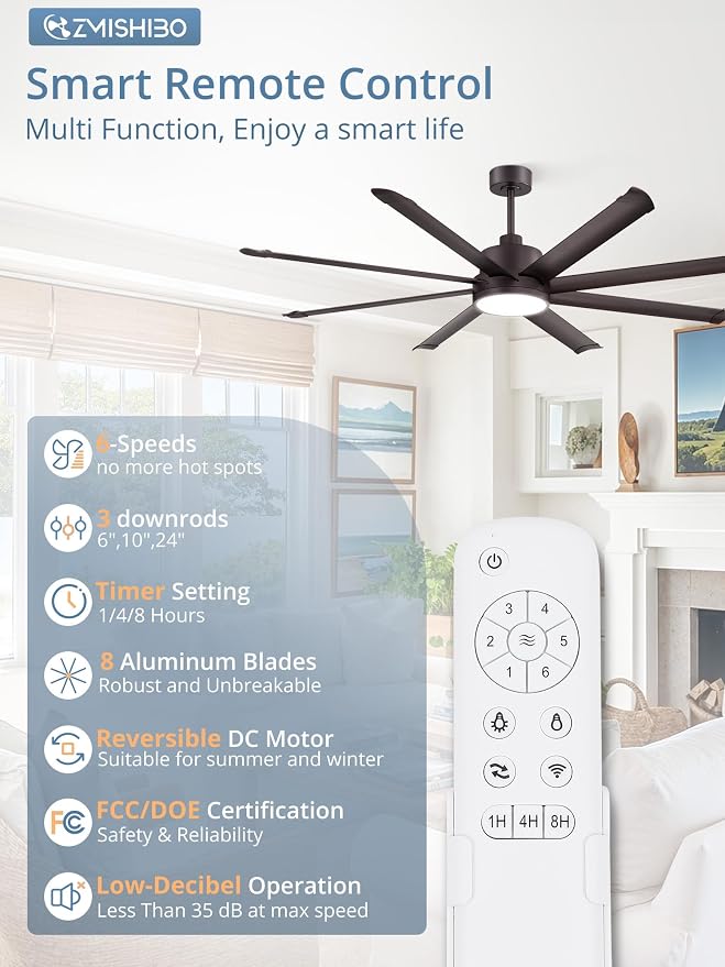 ZMISHIBO 72 Inch Ceiling Fans with Lights, Indoor/Outdoor Industrial Ceiling Fan with 8 Aluminum Reversible Blade, Quiet DC Motor, 3CCT&6-Speed Remote Control, Damp Rated for Living Room/Garage/Gazebo