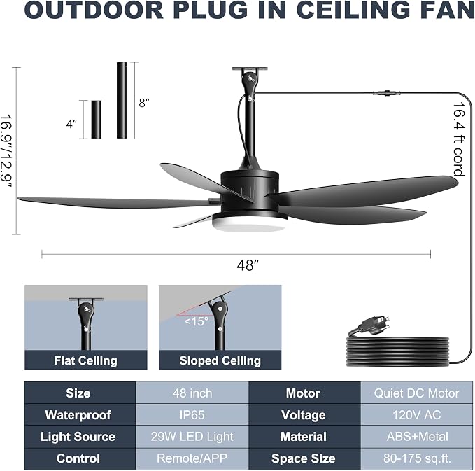 Outdoor Ceiling Fan with Lights, 48 Inch Plug in Gazebo Fans with Remote APP Control, Quiet DC Motor, Dimmable 3CCT, Waterproof Hanging Fans for Patios, Porch, Black
