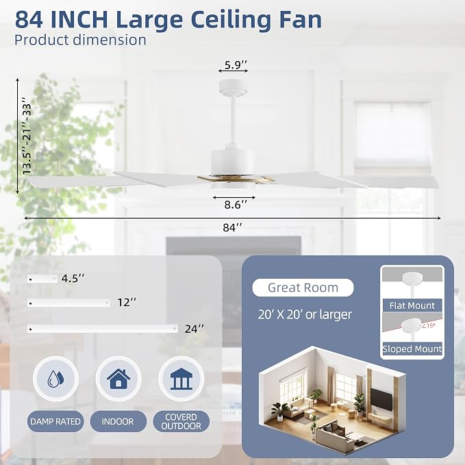 WINGBO 84" Windmill Ceiling Fan with Lights, 3 Downrod, 6-Speed Reversible DC Motor, 3CCT, 10 Blade Indoor Farmhouse DC Ceiling Fans for Kitchen Bedroom Living Room Patio, Aged Brass and White