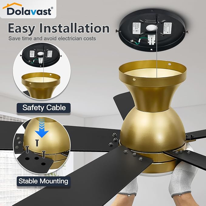 Ceiling Fans with Lights, 42 Inch Low Profile Ceiling Fan with Light and Remote Control, Flush Mount, Reversible, 3CCT, Dimmable LED, Quiet, Gold Ceiling Fan for Bedroom, Kitchen