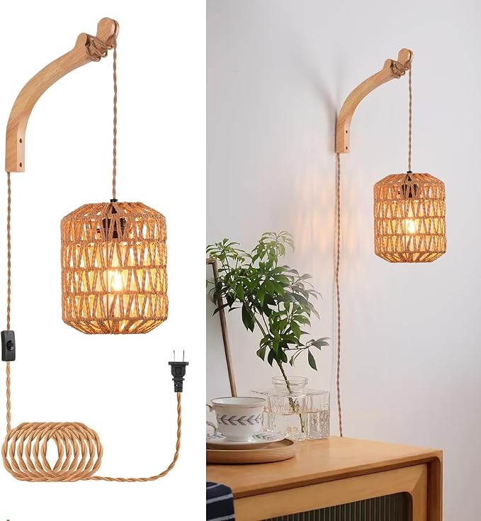 Plug in Wall Sconce,Farmhouse Wicker Wall Lamp Plug in,Hand Woven Rattan Wall Light Farmhouse Rustic Boho Sconces Wall Lighting for Living Room Bedroom