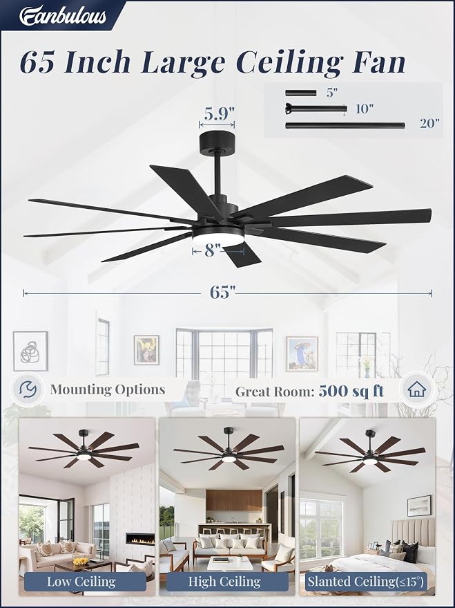 Fanbulous 65 Inch Ceiling Fan with Light and Remote, 6 Speeds Reversible DC Motor Ceiling Fans for Living Room Patio Garage, 3CCT Dimmable LED, 8 Wood Blades, Downrod Mount, Sloped Ceiling Compatible