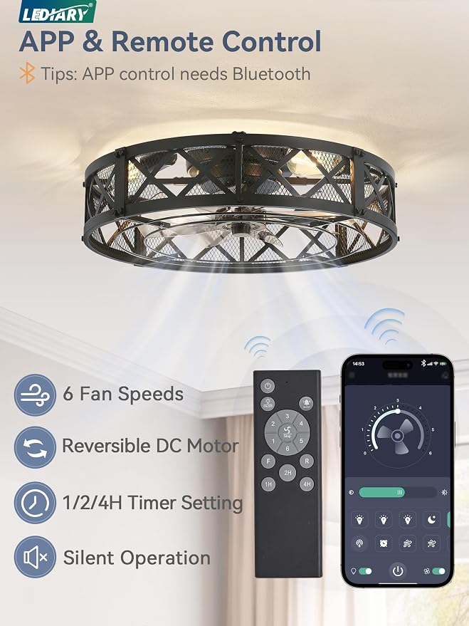 LEDIARY 23" Caged Ceiling Fan with Light, APP&Remote Control, Large Flush Mount Modern Fan Lights, Low Profile Rustic Bladeless Ceiling Fan Fixtures for Bedroom, Kitchen-Black Color