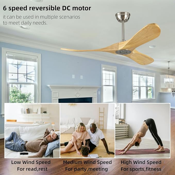 42 Inch Modern Ceiling Fan Without Lights,Reversible DC motor silent ceiling fan, increase air circulation, suitable for living room, dining room, bedroom outdoor (Brushnickle+Natural Wood, 42 inch)