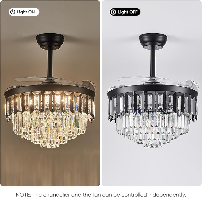 TXCSLY 42" Fandelier Ceiling Fan with Light, Crystal Chandelier Fan with Retractable Blades Dimmable Crystal Ceiling Fan Chandelier for Bedroom Living Room Dining Room-Black