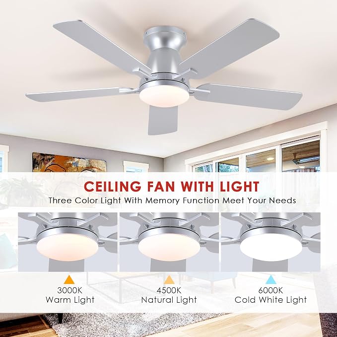 Mpayel 46 Inch Ceiling Fans with Lights and Remote, Silver Ceiling Fan with Light Flush Mount, Low Noise, Reversible, Dimmable, Modern Low Profile Ceiling Fan with Light for Bedroom Indoor Outdoor