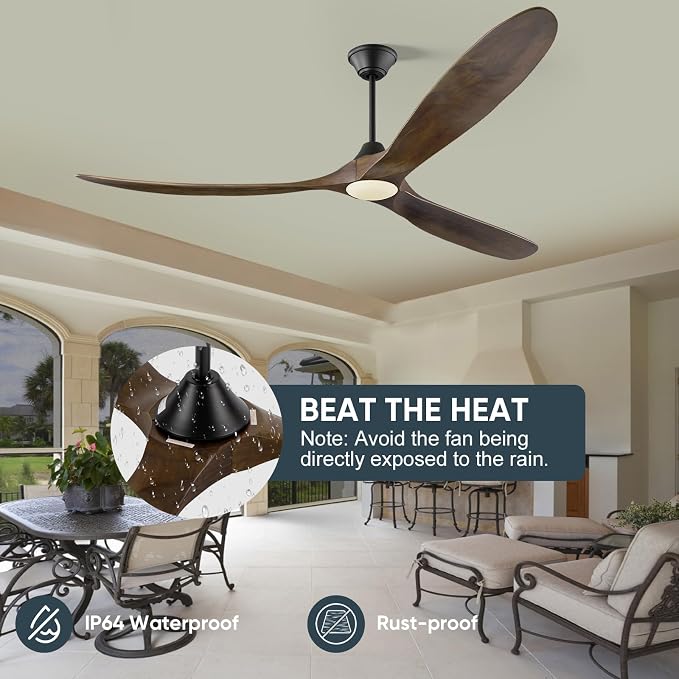 82 inch Large Ceiling Fans with Lights, Damp Rated Outdoor Ceiling Fan for Patios, 3 Wooden Propeller Blades, High CFM Smart Fan with Remote & APP & Alexa Control for Indoor Exterior Commercial