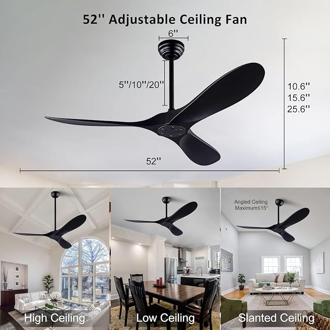 QUTWOB 52-inch Ceiling Fan (with Remote Control), 3-Blade Ceiling Fan, Suitable for Patios and Offices, Ideal for Indoor and Outdoor Use (Black)