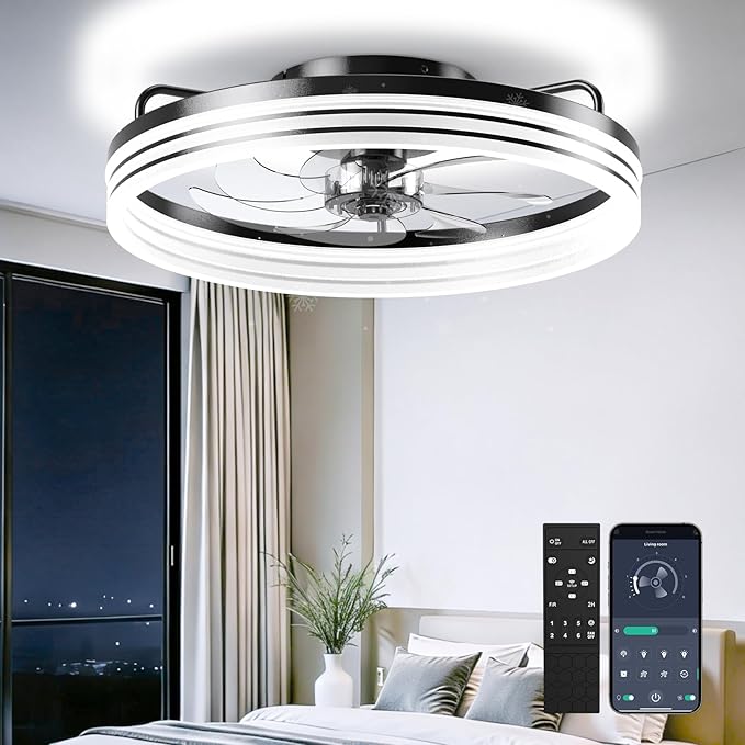AIKVSXER Ceiling Fan with Lights and Remote, 20in Modern Ceiling Fans | 3000K-6500K Smart Ceiling Fans with Lights, Low Profile Flush Mount Ceiling Fan with Light, Quiet Ceiling Fan for Bedroom