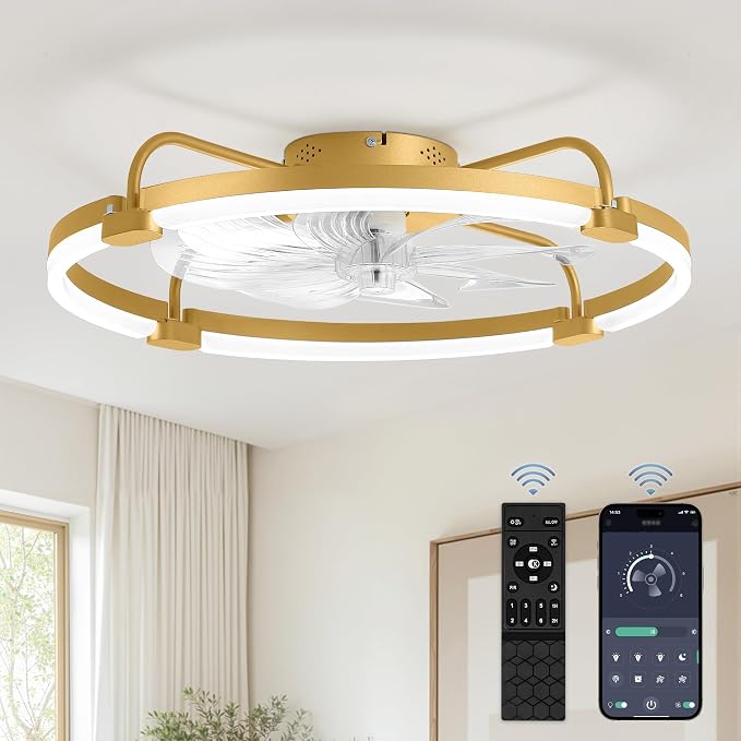 LEDIARY Ceiling Fans with Lights and Remote, 24'' Low Profile Ceiling Fan with Light, 3000-6000K Dimmable Fandelier LED Fan Light, 6 Wind Speeds, Gold Modern Flush Mount Ceiling Fan for Bedroom