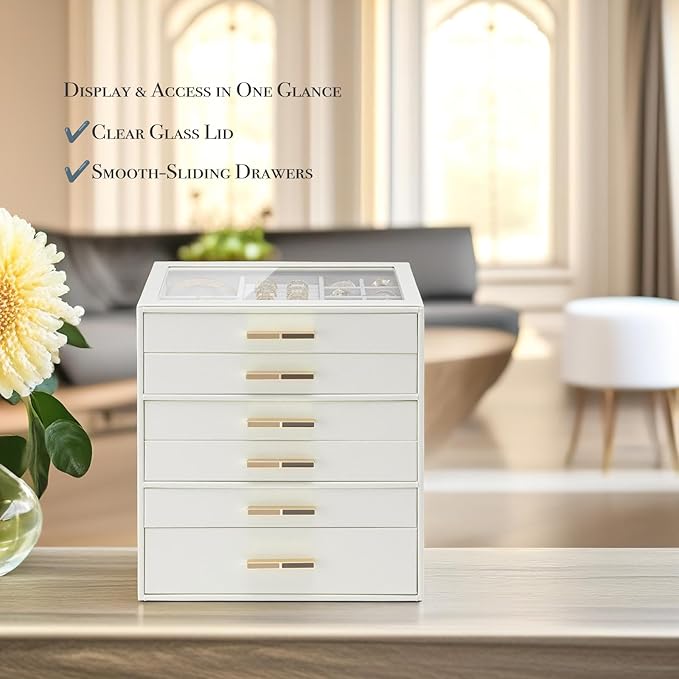 VLANDO 6-Drawer Jewelry Box with Glass Lid, Faux Leather Organizer for Rings Earrings Necklaces and More, Gift-Ready Jewelry Case for Women Girls or Moms, Beige
