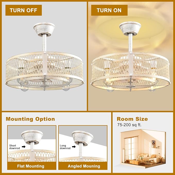 Depuley Farmhouse Ceiling Fans with Lights: Cement Flush Mount Caged Ceiling Fans Light Fixture for Dining Room - Modern Rustic Fandelier Low Profile Ceiling Fan with Remote for Kitchen Bedroom