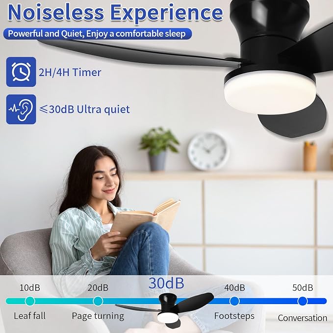 Small Ceiling Fan with Lights and Remote, 32 Inch Flush Mount, Small Quiet, DC Motor, Reversible Blades, 6 Wind Speeds, Dimmable LED, Adjustable Color Temperature, Timer