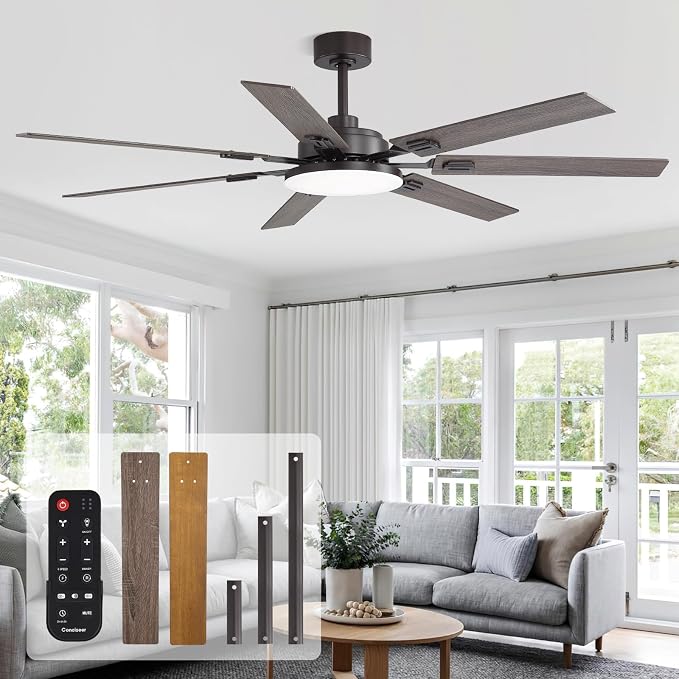 64 Inch Ceiling Fans with Lights and Remote, Bedroom Living Room Office Library Cafe Outdoor Industrial, 5CCT Dimmable, Dual Color 7 Blades, 6 Speed Reversible Quiet DC Motor, Brown/Wood Grain