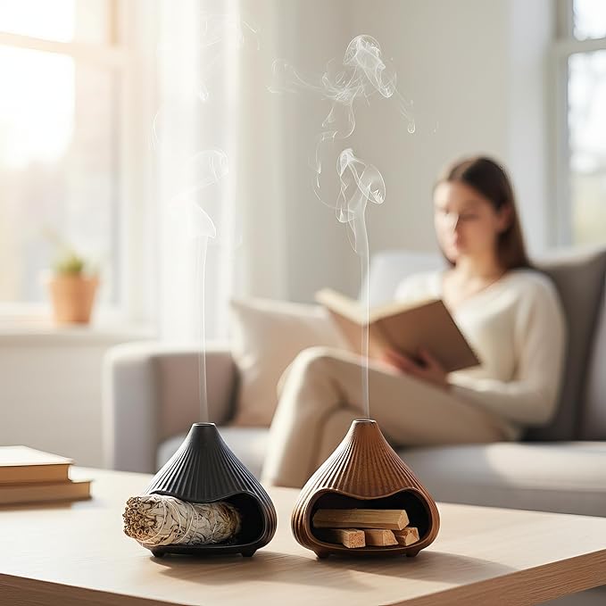 Retro Ceramic Palo Santo Holder, Sage Smudge Burner, Mini Fireplace Mount Fuji Chimney Incense Ash Catcher, Boho Zen Meditation Home Decor Gift (Rustic Brown)