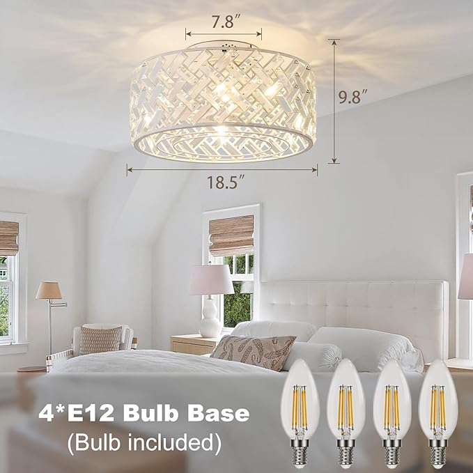 18 Inch Caged Ceiling Fan with Light and Remote, Painted White Flush Mount Fandelier Ceiling Fan with Remote & App Control, Quiet DC Motor Low Profile Crystal Ceiling Fan for Bedroom, Kitchen