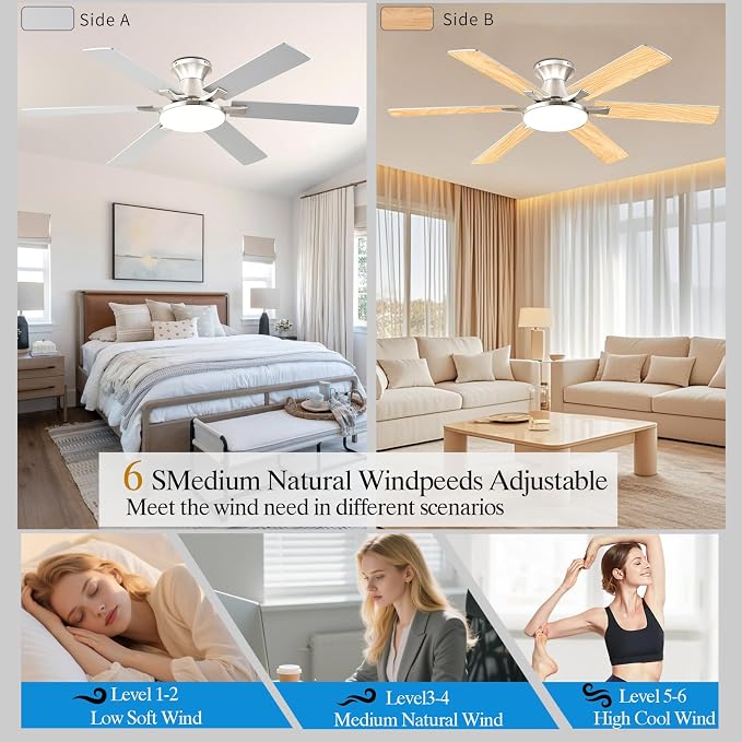 Ceiling Fans with Lights,54 Inch Low Profile Ceiling Fan with Light and Remote Control,6 Speeds/6 Blade,Flush Mount,LED Dimmable DC Reversible Modern, Nickel Ceiling Fan for Bedroom/Living Room