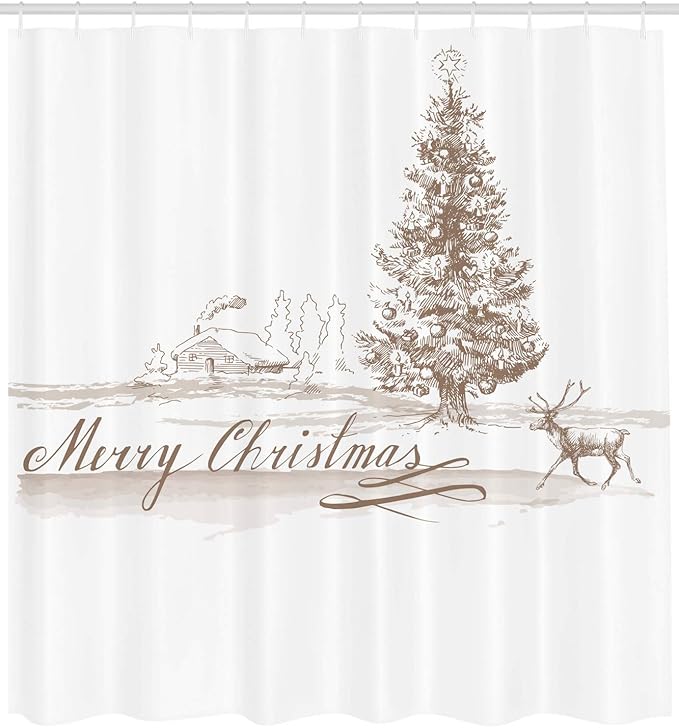Ambesonne Christmas Shower Curtain, Romantic Vintage New Year Scenery with Reindeer Tree and Star Design Image, Cloth Fabric Bathroom Decor Set with Hooks, 69" W x 70" L, Brown