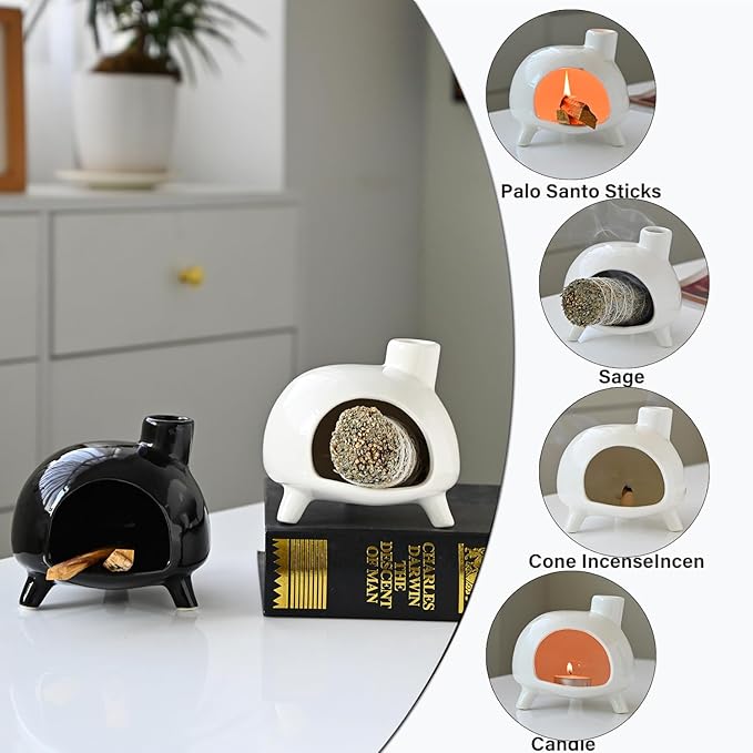 Handmade Ceramic Palo Santo Holder Burner - Mini Chimenea Incense Dish for Palo Santo and Sticks .Sage Holder for for Aromatherapy, Yoga, Meditation Gift and Home Decor (White)