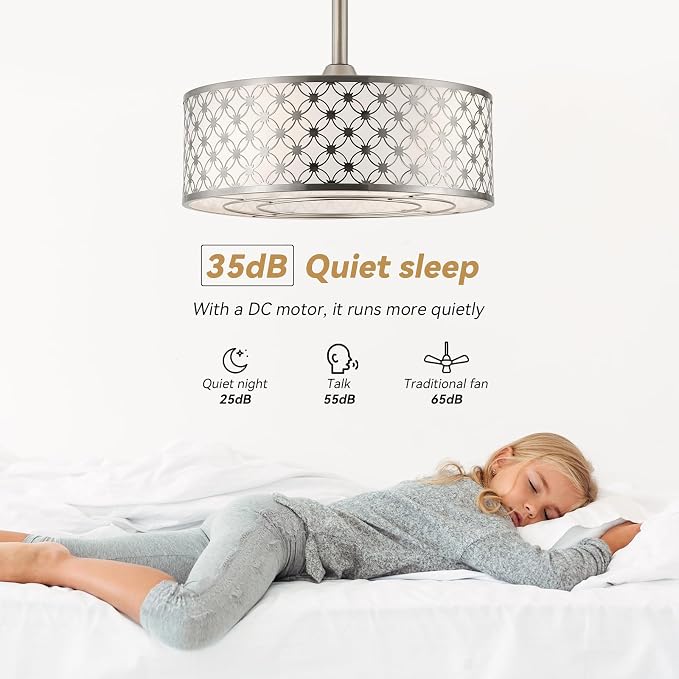 Silver Fandelier Ceiling Fan with Light, 20" Caged Silver Chandelier Ceiling Fans with Lights Remote Control, Fabric Mid-Century Modern with 6 Speeds for Bedroom, Nursery, Living Room.