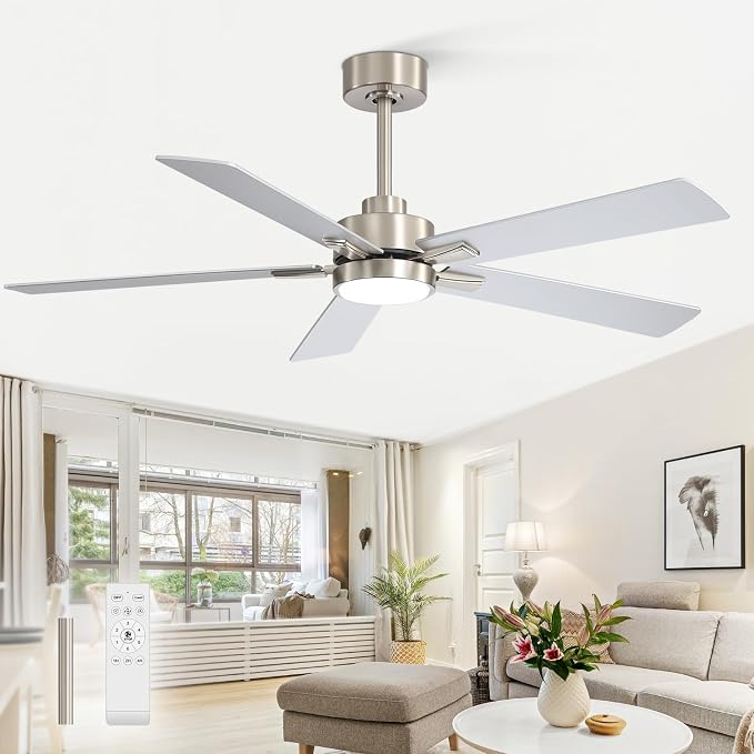 Ceiling Fans with LED Lights, 52 Inch 5-Blade Ceiling Fan Remote Control, Industrial Ceiling Fan with Reversible DC Motor, Downrod Mount LED Ceiling Light Chandelier for Bedroom (Satin Nickel)