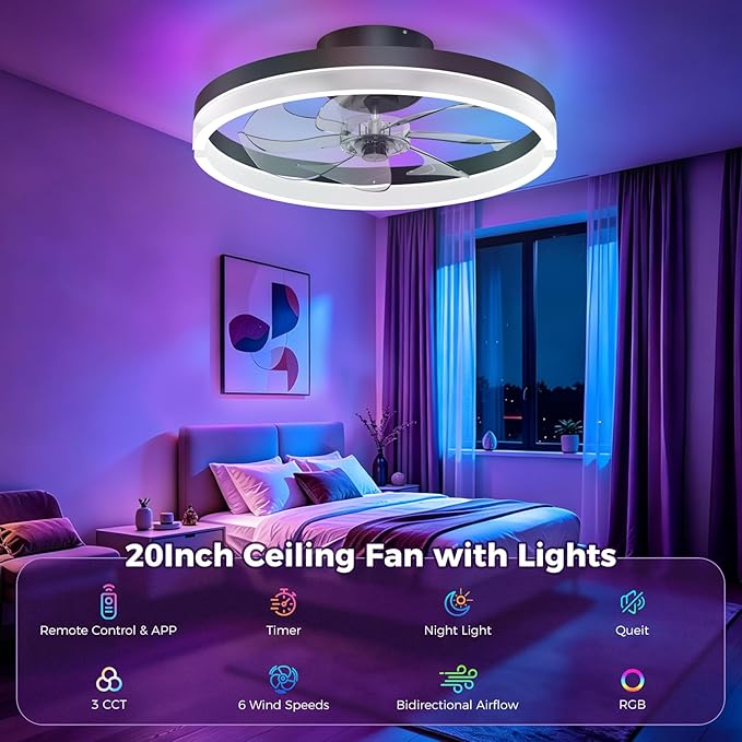 RGB Ceiling Fans with Lights and Remote, 20 Inch Flush Mount Low Profile Ceiling Fan with Light,3000K-6500K Dimmable,Modern LED Fandelier Ceiling Fan for Bedroom Living Room (Black)