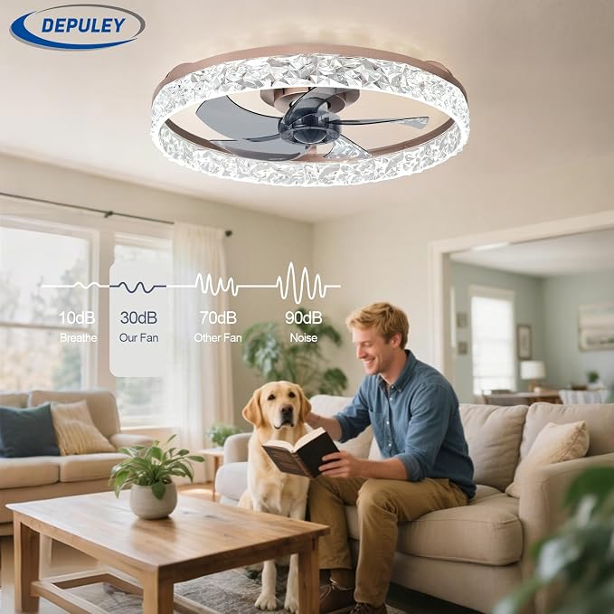 Depuley Bedroom Ceiling Fans with Lights: 20" Modern Low Profile Flush Mount Bladeless Ceiling Fan with App Remote Control - Brown Fandelier for Living Room Kitchen Dimmable Quiet DC Motor