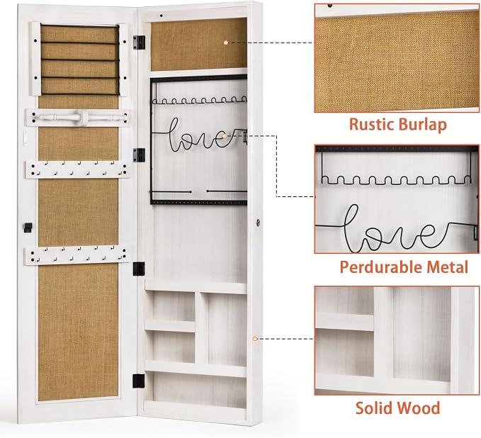 SRIWATANA Washed White Jewelry Cabinet with Full Length Mirror, Solid Wood | Wall & Door Mounted Wood Jewelry Armoire; Space-Saving Mirror Cabinet with Lockable Door & Large Capacity
