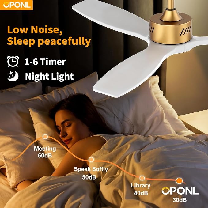 OPONL Ceiling Fan with Light, Ceiling fan with Light and Remote Control, Reversible, 6CCT, Dimmable, Noiseless, Ceiling Fan for Bedroom, Indoor/Outdoor Use, White, 52 inch, Wood