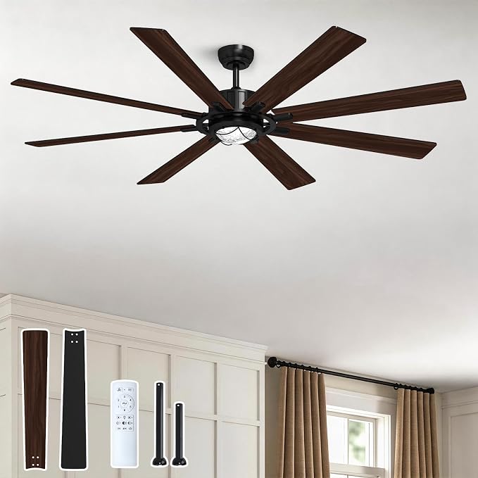 TALOYA 72 Inch Ceiling Fans with Lights and Remote Flush Mount Low Profile for Living Room Farmhouse Bedroom Patio Outdoor Dining Room,DC Motor,Reversible,Buzzer Mute,Dimmable Led Light,Rustic,Black