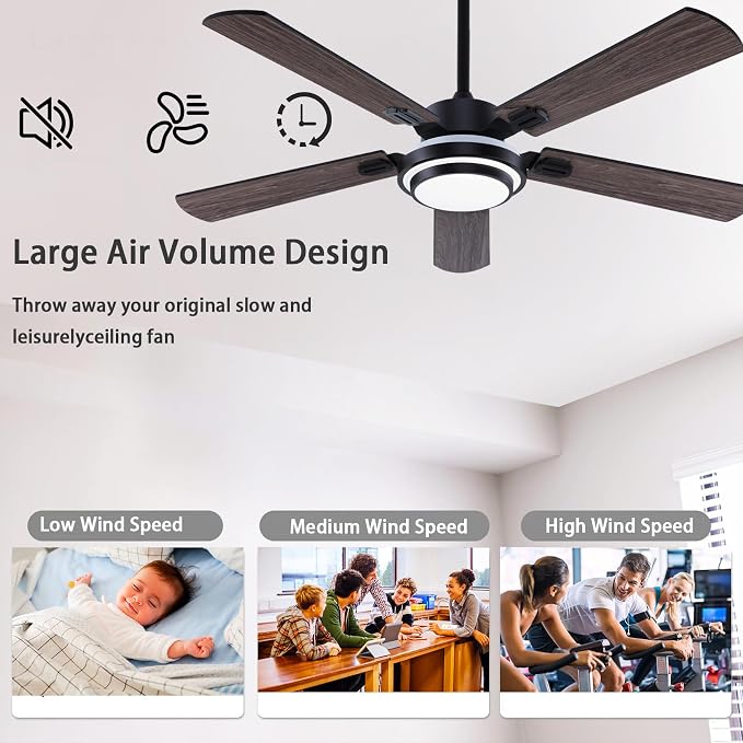 QUTWOB 52" Brushed Nickel Ceiling Fans,Farmhouse 5 Blades Ceiling Fans with Lights, Indoor/Outdoor Ceiling Fan with Remote Control for Patio, Bedroom,Living Room,Dining Room,etc. (Black)