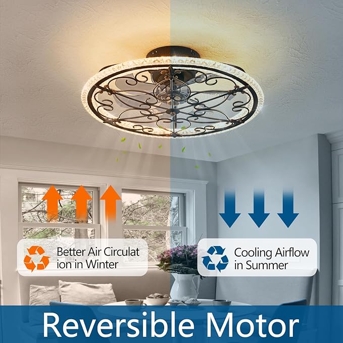 Dalouguan Rustic Black Caged Ceiling Fan with Light, Farmhouse Caged Ceiling Fan with Remote, LED Low Profile Ceiling Light for Bedroom Kitchen Living Room