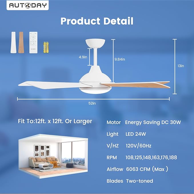 Ceiling Fans with Lights and Remote/App Control: 52 Inch White Ceiling Fan with Light, Quiet Reversible DC Motor, Dimmable Tri-Color LED, Modern Ceiling Fan for Bedroom/Patio, Indoor/Outdoor