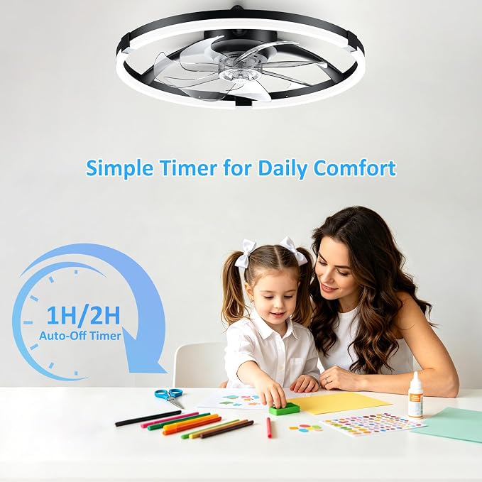 20'' Low Profile Ceiling Fan with Lights, Ceiling Fans with Lights and Remote, 3000-6500K Dimmable Modern Flush Mount LED Fan Lights, 6 Wind Speeds Ceiling Fans for Bedroom