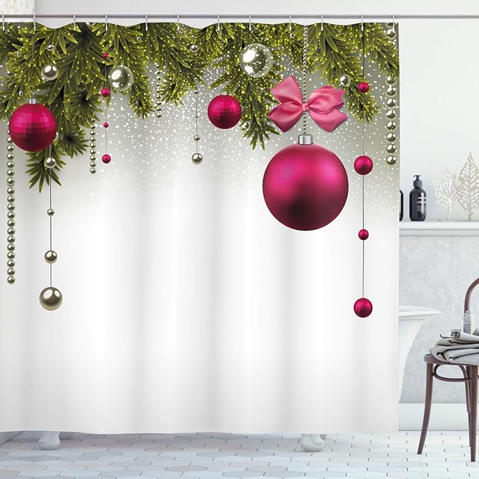 Ambesonne Christmas Shower Curtain, Vivid Fir Twigs and Magenta Balls Framework Special Day Preparation, Cloth Fabric Bathroom Decor Set with Hooks, 69" W x 70" L, Magenta Olive Green Grey