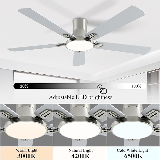SNJ 60 Inch Brushed Nickel Ceiling Fans with Lights and Remote,Flush Mount Low Profile 5 Blades Ceiling Fan,Dimmable Quiet Reversible DC Motor for,Living Room,Bedroom and Patio